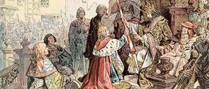 Kniefall vor der Majestät. Am 18. April 1417 wurde der Nürnberger Burggraf Friedrich in Konstanz durch König Sigismund mit dem Amt des Kurfürsten von Brandenburg belehnt. Um 1900 stellte sich der Maler Carl Röhling diese Szene vor.