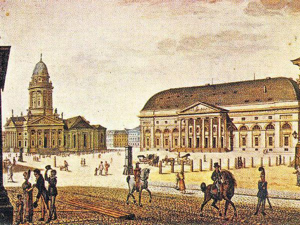 Im Nationaltheater auf dem Gendarmenmarkt (Aquarell von F. A. Calau, ca. 1815) wurde Zacharias Werners Luther-Stück uraufgeführt. 