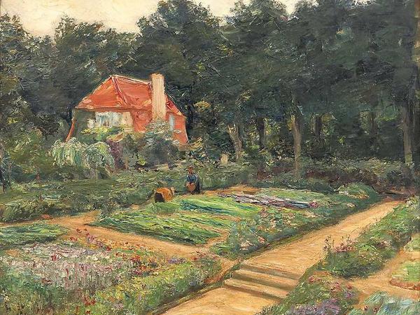 Liebermann war 1910 in die See-Villa gezogen. Im selben Jahr entstand dieses Gemälde seines Gartens mit dem Gärtnerhäuschen.