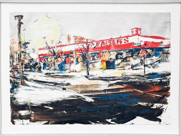 Die Kunst der Kaufhalle. Der kanadische Künstler David Antonides hat den Supermarkt an der Schwedter Straße Ecke Fürstenberger Straße gemalt.