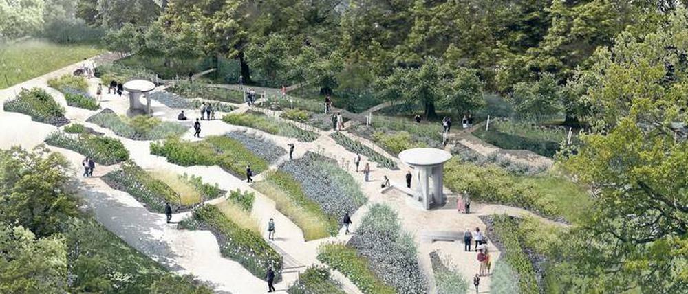 Der künftige Jüdische Garten soll auf einer Anhöhe in der Sichtachse des Christlichen Gartens entstehen. 