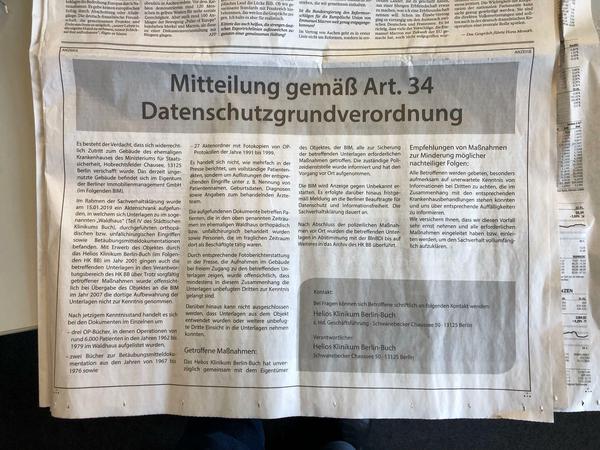 Diese Anzeige veröffentlichte das Helios Klinikum Berlin-Buch am Mittwoch im Tagesspiegel.