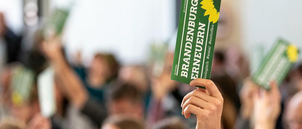 Eine Delegierter hält auf dem kleinen Parteitag der Bündnis 90/Die Grünen Brandenburg einen Stimmzettel in die Höhe.
