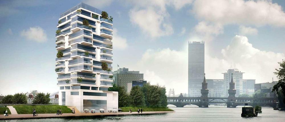 Der erste Wohnturm der Stadt soll am Spreeufer in Friedrichshain entstehen. Kosten: 33 Millionen Euro für 45 Wohnungen. Baubeginn ist im Frühjahr.