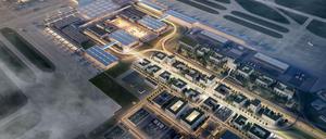 Illustration aus dem "Masterplan 2040" der Flughafengesellschaft Berlin-Brandenburg. Wohnen und Arbeiten am Hauptterminal.