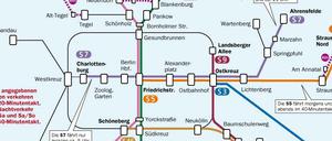 Lückenhaft. Der Ersatzplan der Berliner S-Bahn zeigt, wo es noch rollt. Die Ringbahn steht still, die fahrenden Linien verkehren im 20-Minuten-Takt, manche Strecken werden mit Ersatzverkehr durch Busse bedient.