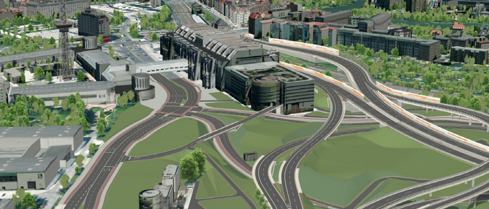 Viel Grün zeigt die Simulation, im Vordergrund die neue zentrale Anschlussstelle Messedamm.