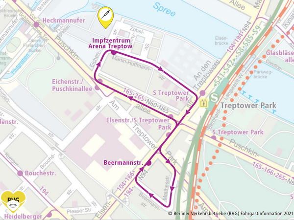 Die Route der BVG-Kleinbusse zum Impfzentrum in der Arena.