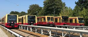 Alle Baureihen vereint in Grünau: Links die beiden neuen Züge 483 und 484. Rechts davon 485, 480 und 481.