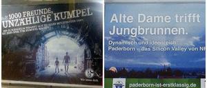 Huiuiui, kesse Werbung vor dem Hertha-Stadion. Die Werbeagenturen aus NRW entdecken plötzlich das Olympiastadion. Links das Schalke-Plakat auf dem U-Bahnhof, rechts das Paderborn-Plakat am S-Bahnhof.  