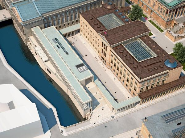 Noch ist es Simulation: Blick auf den Neuen Hof zwischen Neuem Museum, Pergamonmuseum und James-Simon-Galerie (derzeit im Bau)