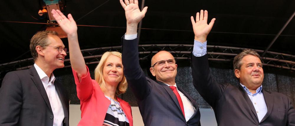 Wahlkampfabschluss der SPD in Warnemünde am 2. September: Michael Müller, Manuela Schwesig, Erwin Sellering und Sigmar Gabriel (von links).