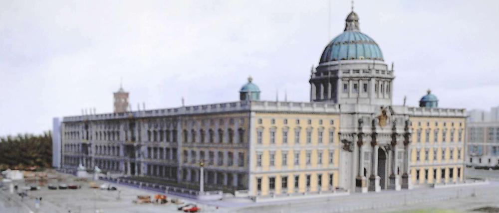 Eine Simulation des Berliner Stadtschlosses: So wie es hier auf die Planen gedruckt ist, soll es aussehen, wenn es fertig ist. 
