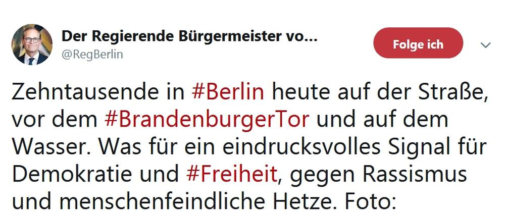 27. Mai 2018. Mit diesem Tweet lobte Müller die Großdemo unter dem Motto „Stoppt den Hass! Stoppt die AfD“