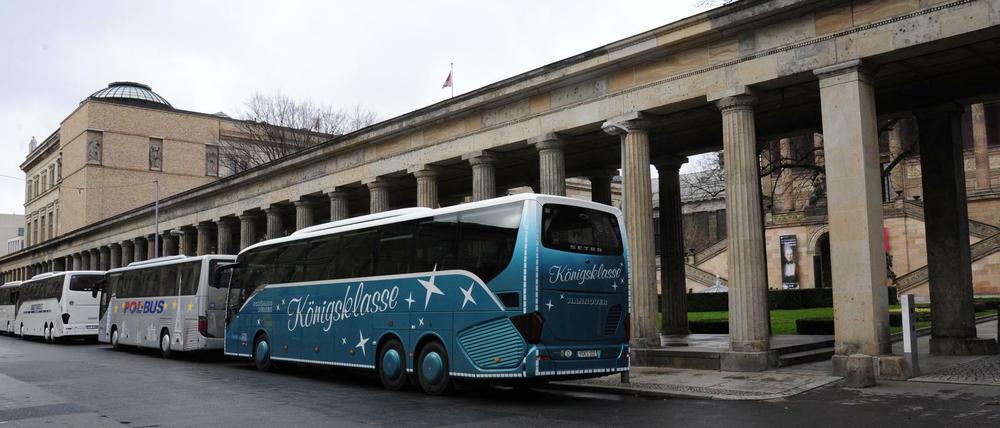 Parkende Reisebusse vor dem Neuen Museum.