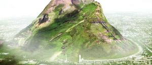 Eine abenteuerliche Idee, wie das Tempelhofer Feld einmal aussehen könnte, geistert seit Jahren durch die Welt: ein überdimensional großer Berg in der Mitte des Feldes. (Simulation)