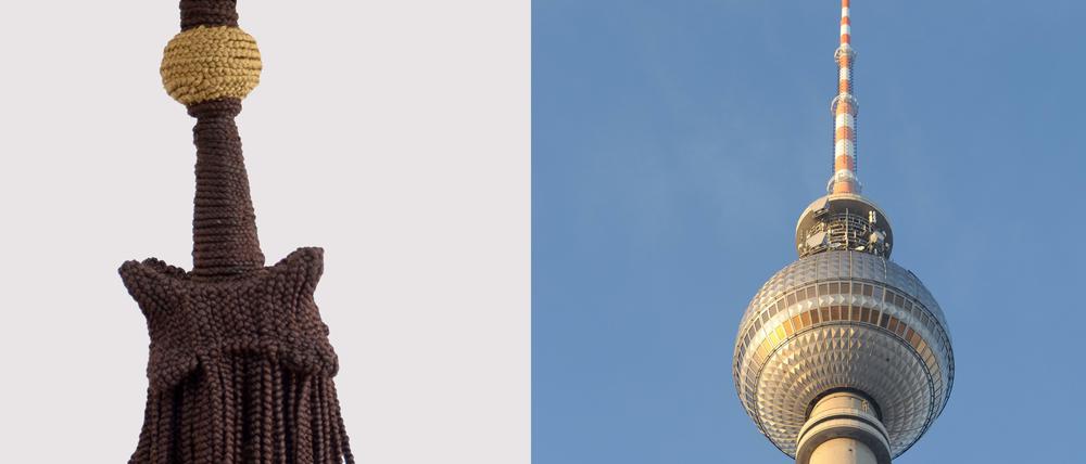 Der Berliner Fernsehturm (links die Perücke von Meschac Gaba, rechts das Original) ist eines von zwölf Ausstellungsstücken. 
