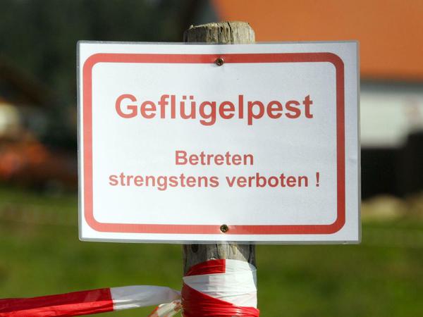 Ein Schild mit der Aufschrift "Geflügelpest - Betreten strengstens verboten!" in Bayern.