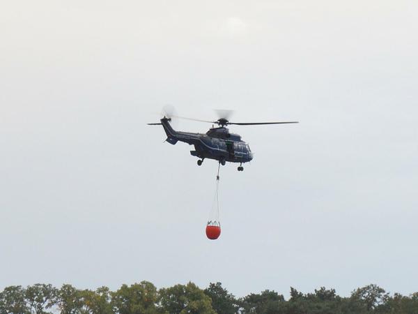 Ein Hubschrauber der Bundespolizei fliegt mit einem Löschwasserbehälter über den Wald. 