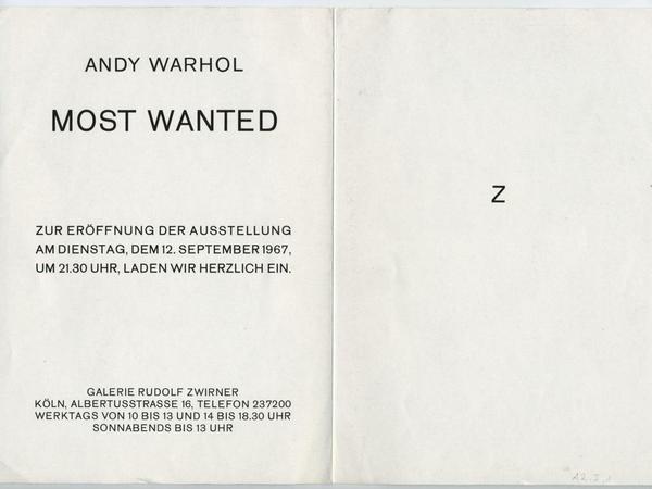 Großer Schub für die Pop Art. Im Anschluss an die erfolgreiche Kunstmesse 1967 lud Zwirner zu Andy Warhols Ausstellung „Thirteen Most Wanted Men“.