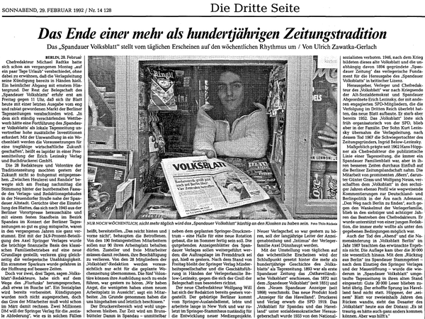 Seite 3 im Tagesspiegel - zum Ende der renommierten Tageszeitung "Spandauer Volksblatt".
