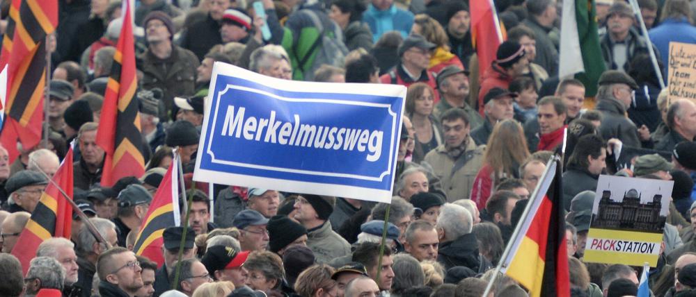 Pegida-Anhänger ziehen mit Plakaten durch Dresden. Bei einem Ableger der rechten Bewegung in Brandenburg werden ähnliche Parolen gerufen und Transparente gezeigt.