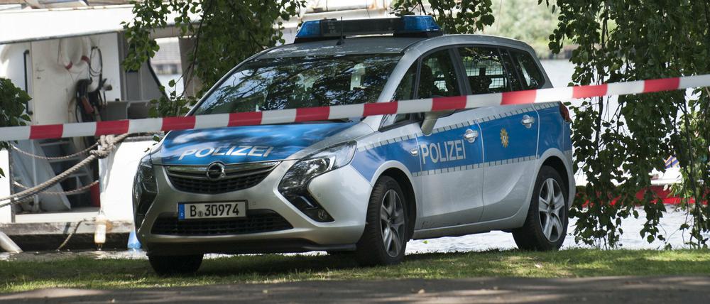 Ein Polizeiwagen steht am 13.06.2015 in Berlin im Treptower Park. Dort hatten am frühen Morgen Spaziergänger eine Leiche gefunden. Die Mordkommission ermittelt.