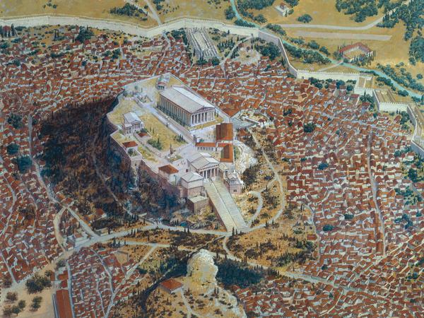Das antike Athen mit der Akropolis, Festung und Tempelbezirk zugleich, in einer Rekostruktion.