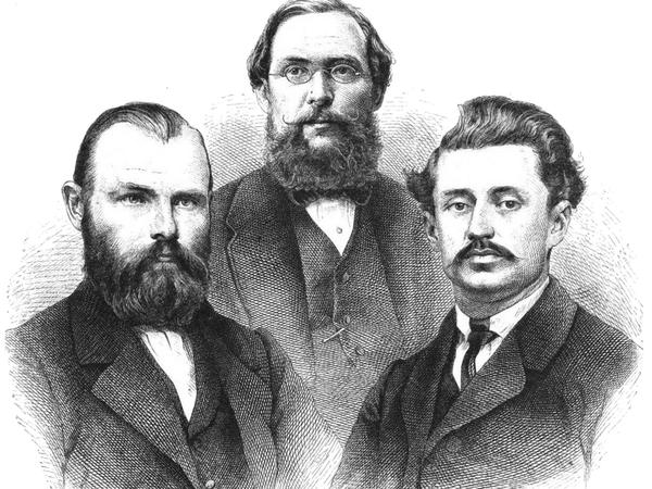 Trio Infernale. Kapitän Koldewey, Geograph Petermann und Obersteuermann Hildebrandt auf einer Abbildung von 1868. 