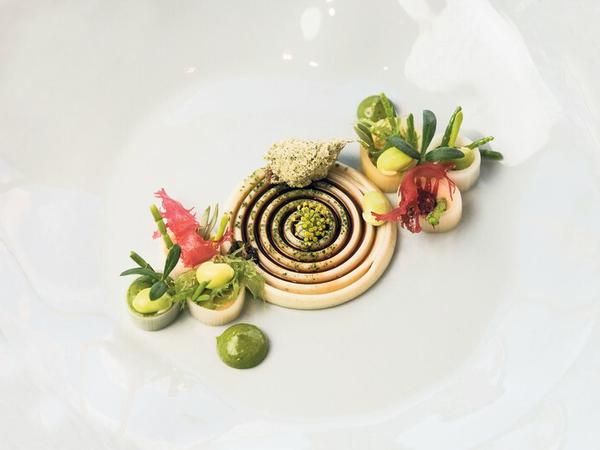 Alles selbst hergestellt und gewohnt aufwendig in Szene gesetzt: Soja und Algen von Nils Henkel, Restaurant Schwarzenstein, 2 Sterne