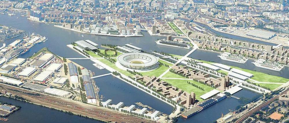 Blick in die Zukunft. Hamburg nimmt im Rennen um die Spiele mit alten Plänen neuen Anlauf. Auf dem „Kleinen Grasbrook“ soll im Hafen das Olympiagelände entstehen.