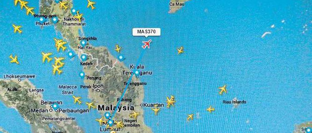 Die letzte Position von MH370 auf dem Radarschirm. Erkennbar ist die eingeleitete Rechtskurve. 