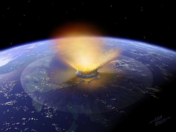 So könnte es ausgesehen haben, als vor 66 Millionen Jahren ein 14 Kilometer großer Asteroid dem Fortbestand der Dinosaurier ein Ende setzte. Da er eine Karbonplatte traf, war der Ausstoß an Kohlendioxid ungewöhnlich groß, was eine kurze Frostperiode zur Folge hatte. 