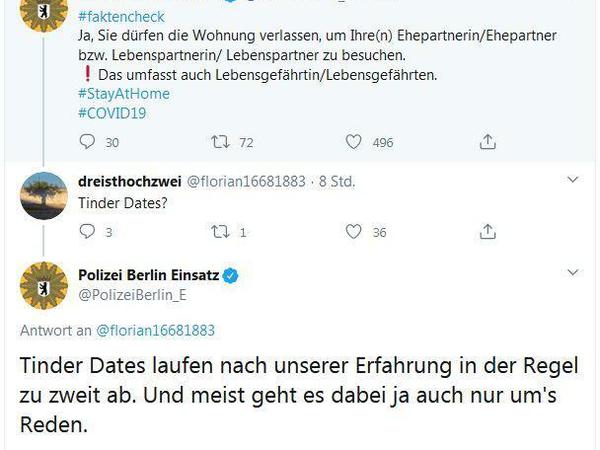 Tinder-Dates während Corona-Kontaktverbot? Laut Berliner Polizei erlaubt. Man trifft sich ja nur zum Reden...