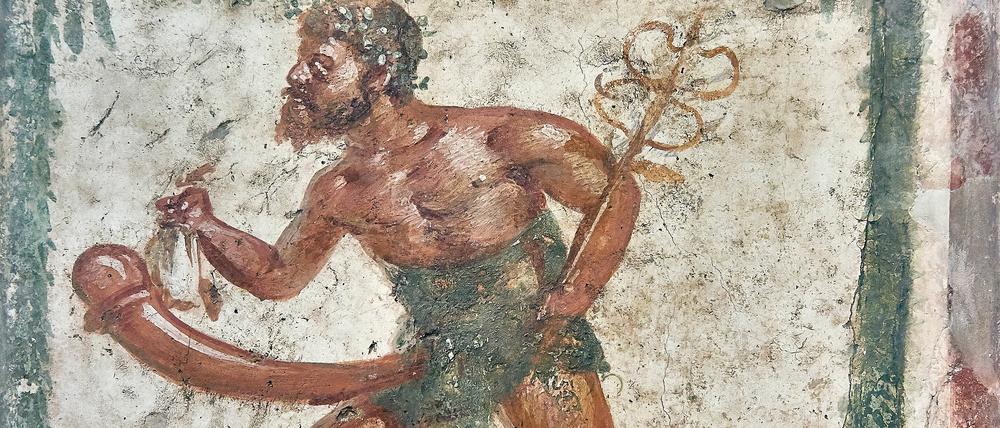 Erotisches Fresko in Pompeji aus dem 1. Jahrhundert v. Chr.: Merkur mit riesigem Phallus.