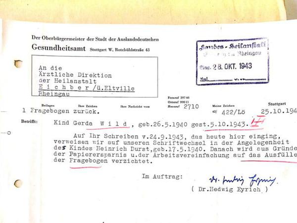 Die Unterschrift auf diesem Dokument verbindet die Schicksale von Klara Häffelin und Rosemarie Eyrich.
