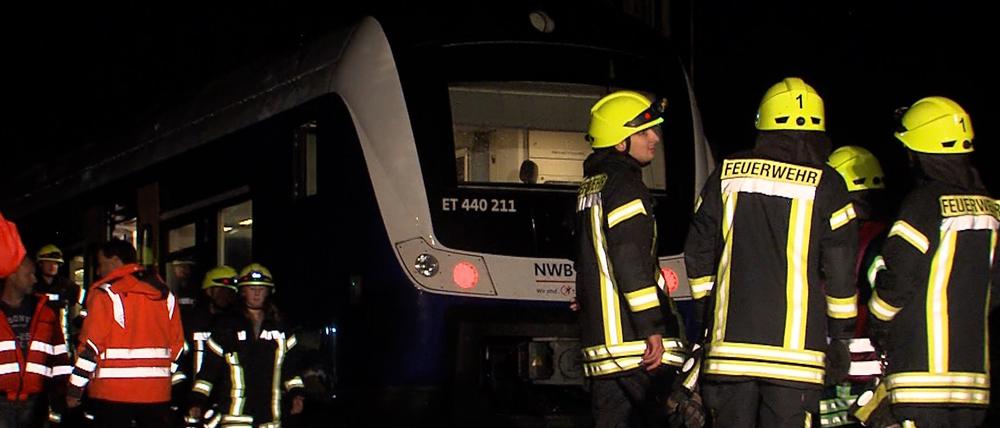 Feuerwehrleute an einem durch umgestürzte Bäume aufgehaltenen Zug auf der Strecke zwischen Bremen und Hannover. 