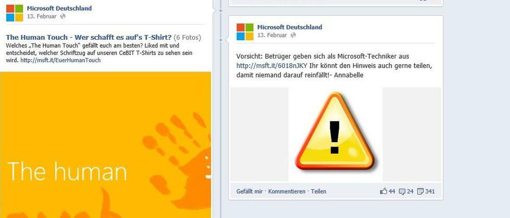 Die Warnung auf der Facebook-Seite von Microsoft wurde vielfach geteilt. Die Support-Betrüger hat das nicht gestoppt. Microsoft vermutet, dass inzwischen mehrere kriminelle Organisationen mit dieser Masche arbeiten. 