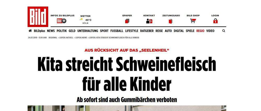 Schlagzeile in der "Bild"-Ausgabe vom 23. Juli und bei bild.de Mittlerweile gilt das Schweinefleisch-Verbot in der Leipziger Kita nicht mehr.