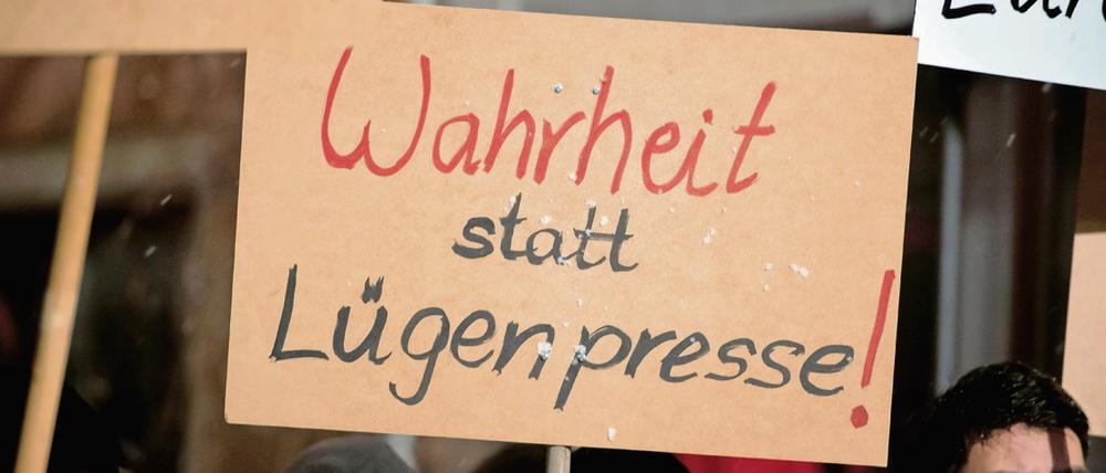 Im Nationalsozialismus wurde der Begriff „Lügenpresse“ häufig genutzt. Heute wird er von Pegida-Anhängern, hier bei einer Demo in Villingen-Schwenningen, verwendet. 