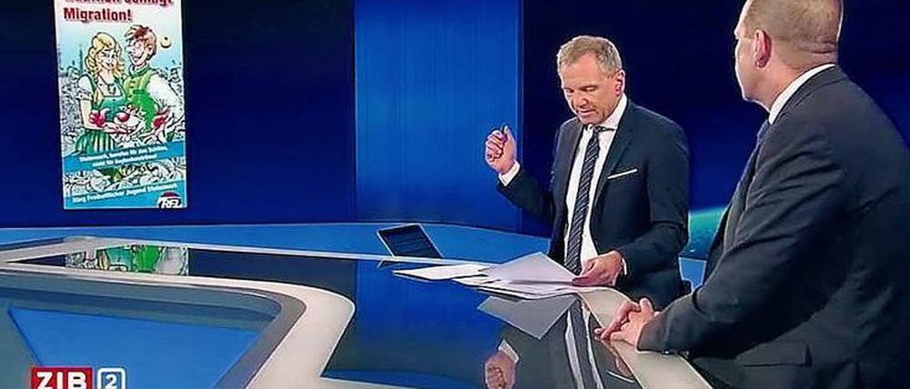 Ist ein Cartoon der FPÖ mit einer Titelseite des NS-Kampfblatts „Der Stürmer“ vergleichbar? ORF–Moderator Wolf (li.) befragt FPÖ-Mann Vilimsky. 