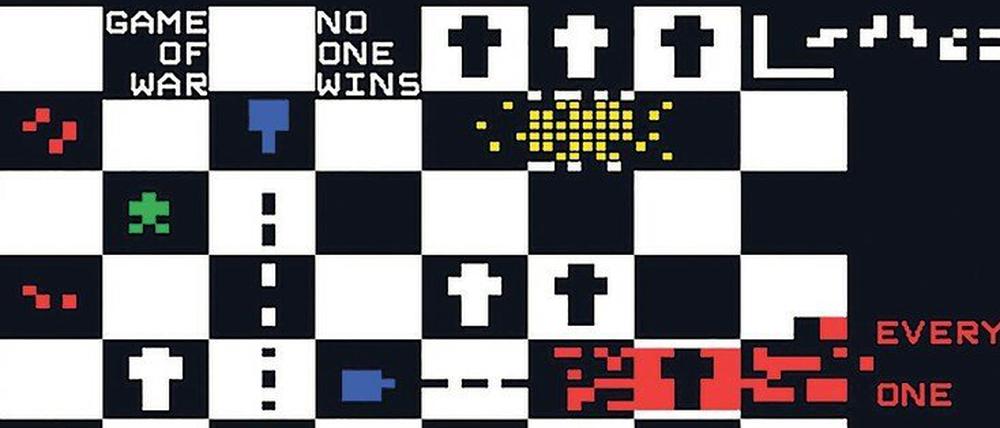 Jetzt heißt es überleben. „Spiel des Krieges“ von sp4ce aus Deutschland bedeutet 78 mal 69 Pixel Kunst für das Medium Teletext. 