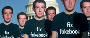 Pappaufsteller von Facebook-Gründer Mark Zuckerberg bei einer Protestaktion.