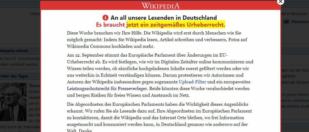 Der Screenshot zeigt eine Vorschalt-Seite der freien Internet-Enzyklopädie Wikipedia, auf der zum Protest gegen die geplante Reform des europäischen Urheberrechts aufgerufen wird. 
