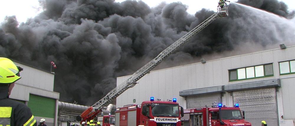Feuerwehrmänner löschen am Montag einen Brand auf dem Gelände des Geflügelproduzenten Wiesenhof in Lohne (Niedersachsen).