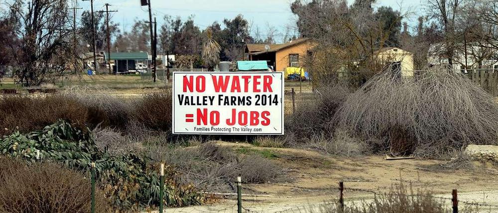 "No Water = No Jobs" (Kein Wasser = Keine Arbeit) steht auf einem Schild in Kalifornien. Der US-Bundesstaat leidet unter einer schweren Dürre.