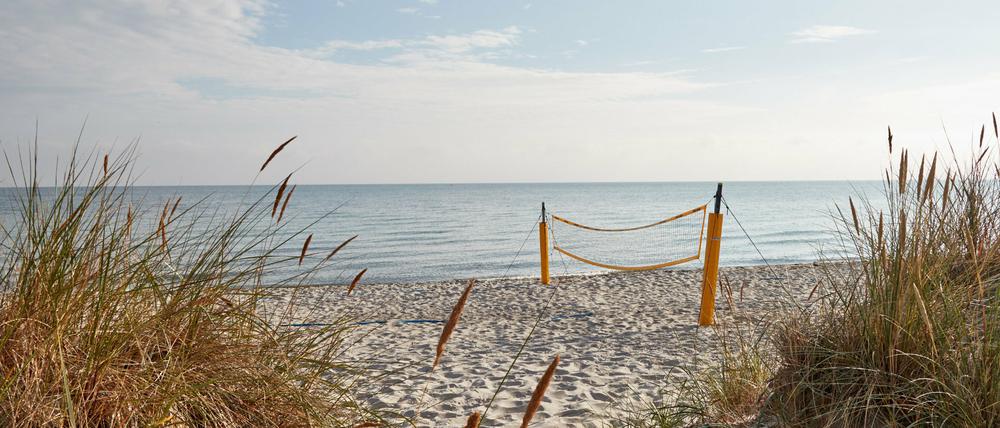 Ein Volleyballnetz steht am frühen Morgen einsam am menschenleeren Strand.