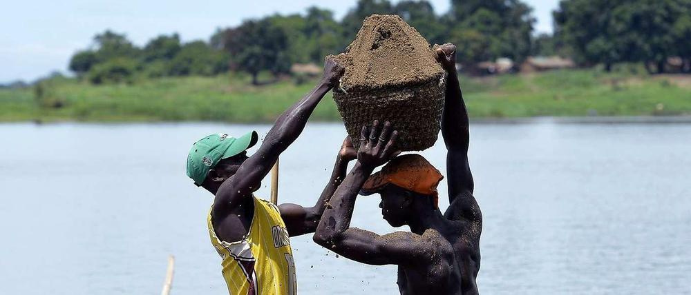Wertvoller Sand. Diese Männer holen an der Grenze zwischen der Demokratischen Republik Kongo und der Zentralafrikanischen Republik den Sand vom Flussboden. Er wird für die Bauindustrie gebraucht.