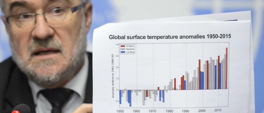 Der Generalsekretär der World Meteorological Organization (WMO), Michel Jarraud, bei der Präsentation seiner Statistiken über die zunehmende Erwärmung. 