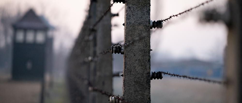 Stacheldrahtzäune und ein Wachturm des früheren Vernichtungslagers Auschwitz-Birkenau.